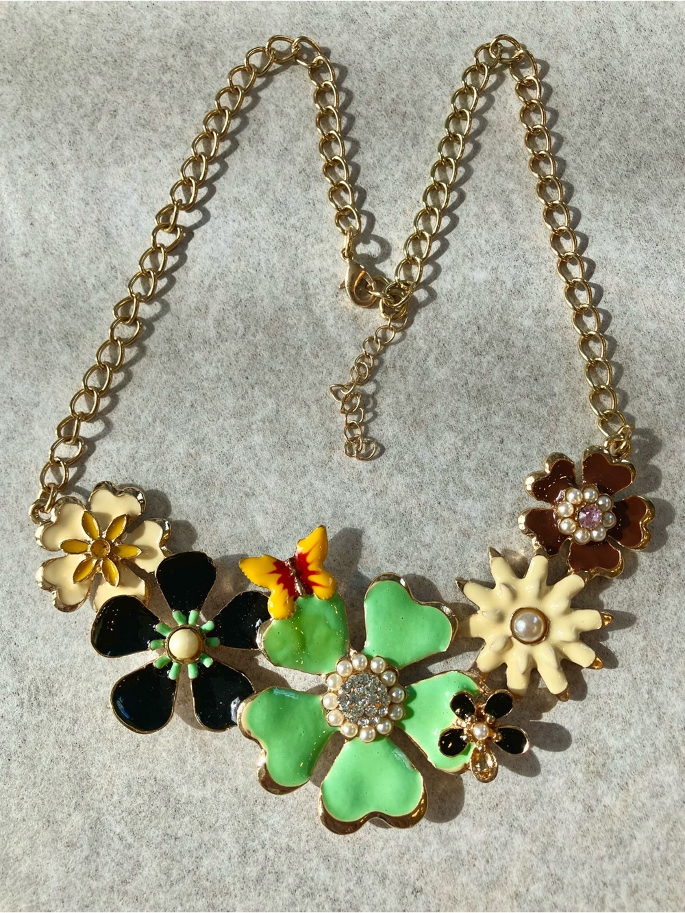 Gold-Tone Green Floral Enamel Statement Necklace - Alilang
